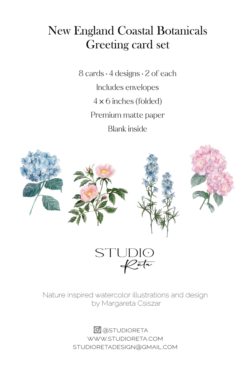 A product listing graphic for a 'New England Coastal Botanicals Greeting card set' by Studio Reta. The design features a clean white background with black text detailing the contents (8 cards, 4 designs, envelopes, folded size) and four watercolor botanical illustrations of hydrangeas, a pink rose, blue lotus, and lavender.