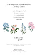 A product listing graphic for a 'New England Coastal Botanicals Greeting card set' by Studio Reta. The design features a clean white background with black text detailing the contents (8 cards, 4 designs, envelopes, folded size) and four watercolor botanical illustrations of hydrangeas, a pink rose, blue lotus, and lavender.