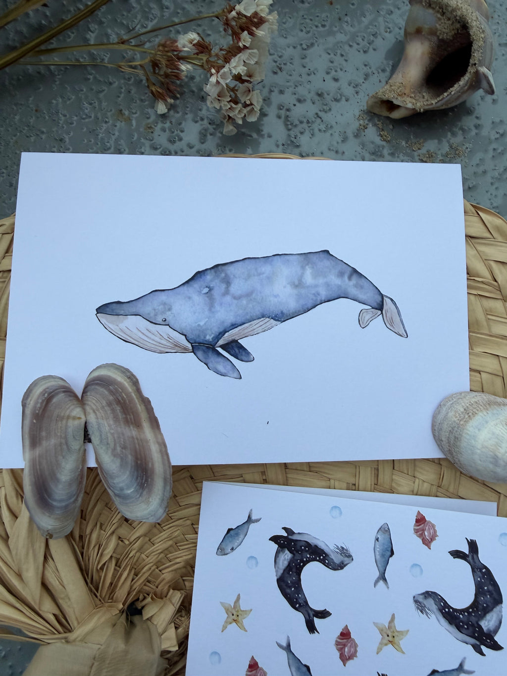 A watercolor whale art greeting card displayed on a woven mat with seashells and dried flowers, alongside a matching sticker sheet featuring dolphins, starfish, and fish.