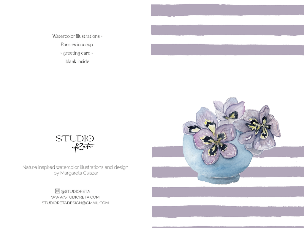 Pansies in a cup - Vintage inspired greeting card