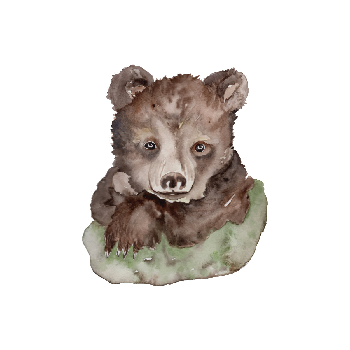 Watercolor illustration of a brown bear cub resting on a green log, centered on a plain white background.