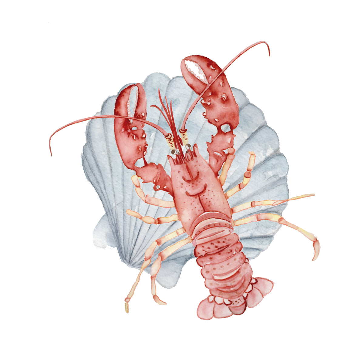 Watercolor mini art print of a Lobster and a shell